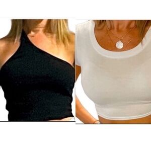Crop top bundle. White short sleeves. One shoulder black ribbed. Size Small